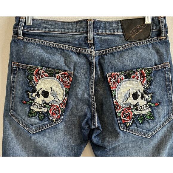 Y2K Authentic Ed Hardy Christian Audigier Jeans Skulls Bling Hip Hop 34x34* 90s - Picture 1 of 12